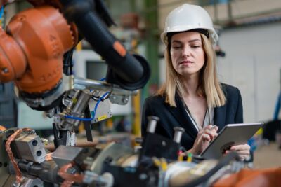 Mitarbeiterin steuert mit einem Tablet einen Roboter